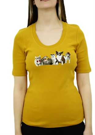 Cat&Dog Baskılı Hardal T-Shirt