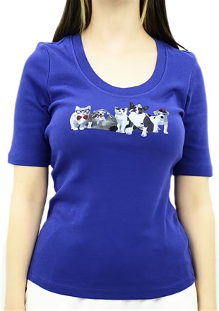 Cat&Dog Baskılı Mavi T-Shirt