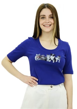 Cat&Dog Baskılı Mavi T-Shirt