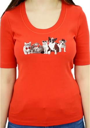 Cat&Dog Baskılı Turuncu  T-Shirt