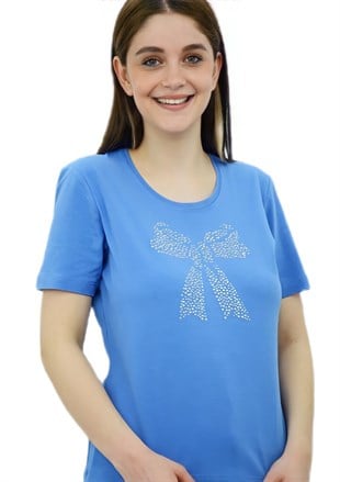 Kurdele Taşlı Mavi T-Shirt