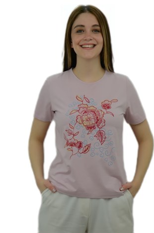 Önü Çiçek Baskılı Gül Kurusu T-Shirt