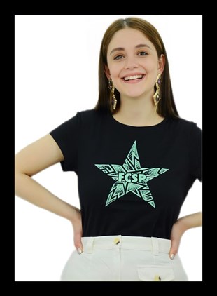 Yıldız Baskılı Siyah T-Shirt